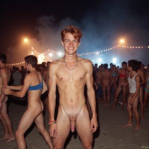 Bad Boys Naked Beach Party II. A full-body composition of a nude young man standing near a crackling bonfire, on a serene moonlit night at the beach. The gentle glow of the flames, flickers across his shinny wet body, catching his contours, and highlighting his muscular physique and handsome face. People everywhere partying, dancing to the music, having a good time together, naked, and free.