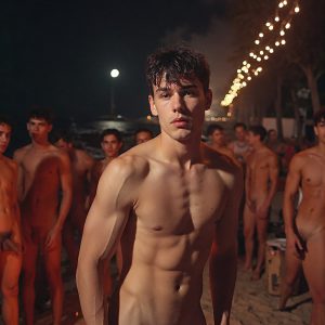 Bad Boys Naked Beach Party II. A full-body composition of a nude young man standing near a crackling bonfire, on a serene moonlit night at the beach. The gentle glow of the flames, flickers across his shinny wet body, catching his contours, and highlighting his muscular physique and handsome face. People everywhere partying, dancing to the music, having a good time together, naked, and free.