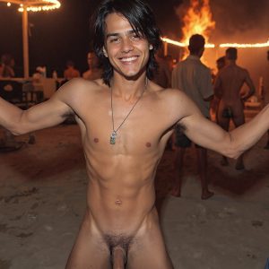 Bad Boys Naked Beach Party II. A full-body composition of a nude young man standing near a crackling bonfire, on a serene moonlit night at the beach. The gentle glow of the flames, flickers across his shinny wet body, catching his contours, and highlighting his muscular physique and handsome face. People everywhere partying, dancing to the music, having a good time together, naked, and free.