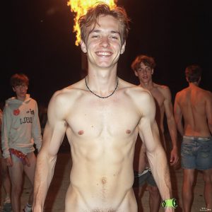 Bad Boys Naked Beach Party II. A full-body composition of a nude young man standing near a crackling bonfire, on a serene moonlit night at the beach. The gentle glow of the flames, flickers across his shinny wet body, catching his contours, and highlighting his muscular physique and handsome face. People everywhere partying, dancing to the music, having a good time together, naked, and free.