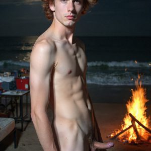 Bad Boys Naked Beach Party II. A full-body composition of a nude young man standing near a crackling bonfire, on a serene moonlit night at the beach. The gentle glow of the flames, flickers across his shinny wet body, catching his contours, and highlighting his muscular physique and handsome face. People everywhere partying, dancing to the music, having a good time together, naked, and free.