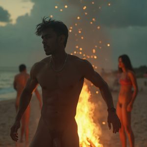 Bad Boys Naked Beach Party II. A full-body composition of a nude young man standing near a crackling bonfire, on a serene moonlit night at the beach. The gentle glow of the flames, flickers across his shinny wet body, catching his contours, and highlighting his muscular physique and handsome face. People everywhere partying, dancing to the music, having a good time together, naked, and free.