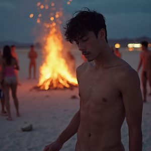 Bad Boys Naked Beach Party II. A full-body composition of a nude young man standing near a crackling bonfire, on a serene moonlit night at the beach. The gentle glow of the flames, flickers across his shinny wet body, catching his contours, and highlighting his muscular physique and handsome face. People everywhere partying, dancing to the music, having a good time together, naked, and free.