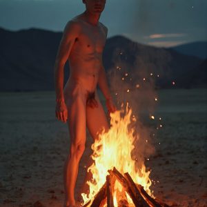 Bad Boys Naked Beach Party II. A full-body composition of a nude young man standing near a crackling bonfire, on a serene moonlit night at the beach. The gentle glow of the flames, flickers across his shinny wet body, catching his contours, and highlighting his muscular physique and handsome face. People everywhere partying, dancing to the music, having a good time together, naked, and free.