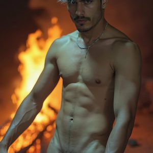 Bad Boys Naked Beach Party II. A full-body composition of a nude young man standing near a crackling bonfire, on a serene moonlit night at the beach. The gentle glow of the flames, flickers across his shinny wet body, catching his contours, and highlighting his muscular physique and handsome face. People everywhere partying, dancing to the music, having a good time together, naked, and free.