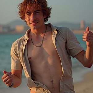 Bad Boys Naked Beach Party II. A full-body composition of a nude young man standing near a crackling bonfire, on a serene moonlit night at the beach. The gentle glow of the flames, flickers across his shinny wet body, catching his contours, and highlighting his muscular physique and handsome face. People everywhere partying, dancing to the music, having a good time together, naked, and free.