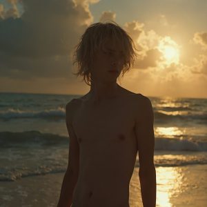 Bad Boys Naked Beach Party II. A full-body composition of a nude young man standing near a crackling bonfire, on a serene moonlit night at the beach. The gentle glow of the flames, flickers across his shinny wet body, catching his contours, and highlighting his muscular physique and handsome face. People everywhere partying, dancing to the music, having a good time together, naked, and free.