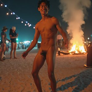 Bad Boys Naked Beach Party II. A full-body composition of a nude young man standing near a crackling bonfire, on a serene moonlit night at the beach. The gentle glow of the flames, flickers across his shinny wet body, catching his contours, and highlighting his muscular physique and handsome face. People everywhere partying, dancing to the music, having a good time together, naked, and free.
