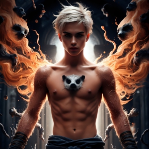 AI male art photos with a fantastical atmosphere of a House Hufflepuff of Hogwarts School of Witchcraft student, from the Harry Potter series, a handsome, beautiful, and attractive, shirtless young teenage boy, standing firm against a threat.