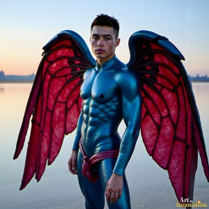 Brought to life through AI, Capturing the Pristine and Elusive Male Fairy. Imagine a realm where handsome shirtless men & boys possess enormous, shimmering crystal wings, vibrant and radiant, capturing and reflecting the light of the environment in a mesmerizing way, and adding a touch of mystery to their intense visage. Outdoors in a fantasy mysterious enchanted realm.