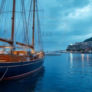 AI-generated yacht art - superyachts, sailing yachts, classic Riva runabouts. Photorealistic UHD marine wallpapers by Art by Innovation.