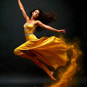 AI-generated abstract art of beautiful women caught mid-motion — dance, leap, spin — flowing fabric and dynamic color streaks frozen in cinematic light.