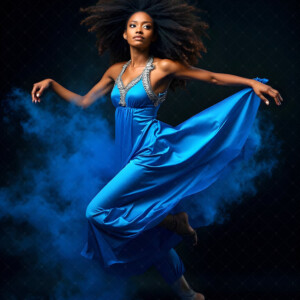 AI-generated abstract art of beautiful women caught mid-motion — dance, leap, spin — flowing fabric and dynamic color streaks frozen in cinematic light.