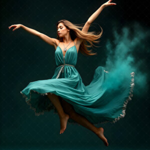 AI-generated abstract art of beautiful women caught mid-motion — dance, leap, spin — flowing fabric and dynamic color streaks frozen in cinematic light.