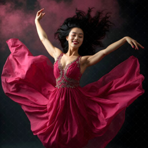 AI-generated abstract art of beautiful women caught mid-motion — dance, leap, spin — flowing fabric and dynamic color streaks frozen in cinematic light.