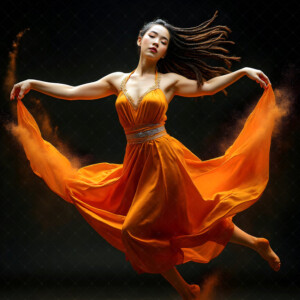 AI-generated abstract art of beautiful women caught mid-motion — dance, leap, spin — flowing fabric and dynamic color streaks frozen in cinematic light.