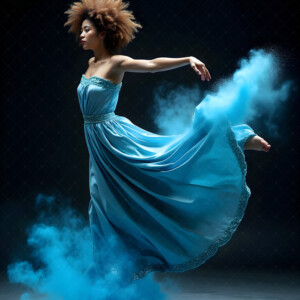 AI-generated abstract art of beautiful women caught mid-motion — dance, leap, spin — flowing fabric and dynamic color streaks frozen in cinematic light.
