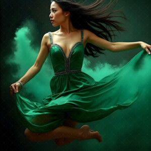 AI-generated abstract art of beautiful women caught mid-motion — dance, leap, spin — flowing fabric and dynamic color streaks frozen in cinematic light.