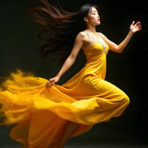 AI-generated abstract art of beautiful women caught mid-motion — dance, leap, spin — flowing fabric and dynamic color streaks frozen in cinematic light.