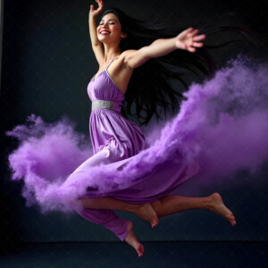 AI-generated abstract art of beautiful women caught mid-motion — dance, leap, spin — flowing fabric and dynamic color streaks frozen in cinematic light.