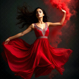 AI-generated abstract art of beautiful women caught mid-motion — dance, leap, spin — flowing fabric and dynamic color streaks frozen in cinematic light.