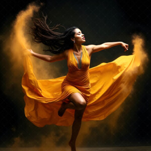 AI-generated abstract art of beautiful women caught mid-motion — dance, leap, spin — flowing fabric and dynamic color streaks frozen in cinematic light.