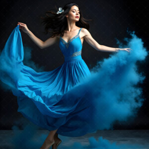 AI-generated abstract art of beautiful women caught mid-motion — dance, leap, spin — flowing fabric and dynamic color streaks frozen in cinematic light.