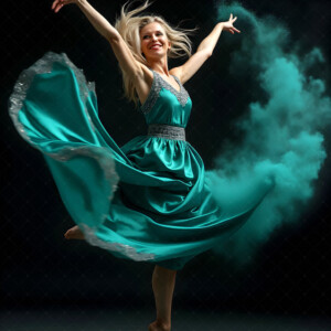 AI-generated abstract art of beautiful women caught mid-motion — dance, leap, spin — flowing fabric and dynamic color streaks frozen in cinematic light.
