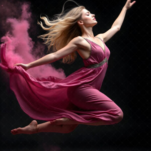 AI-generated abstract art of beautiful women caught mid-motion — dance, leap, spin — flowing fabric and dynamic color streaks frozen in cinematic light.