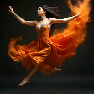 AI-generated abstract art of beautiful women caught mid-motion — dance, leap, spin — flowing fabric and dynamic color streaks frozen in cinematic light.