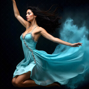 AI-generated abstract art of beautiful women caught mid-motion — dance, leap, spin — flowing fabric and dynamic color streaks frozen in cinematic light.