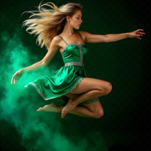 AI-generated abstract art of beautiful women caught mid-motion — dance, leap, spin — flowing fabric and dynamic color streaks frozen in cinematic light.
