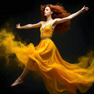 AI-generated abstract art of beautiful women caught mid-motion — dance, leap, spin — flowing fabric and dynamic color streaks frozen in cinematic light.