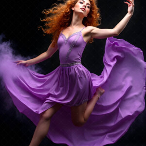 AI-generated abstract art of beautiful women caught mid-motion — dance, leap, spin — flowing fabric and dynamic color streaks frozen in cinematic light.
