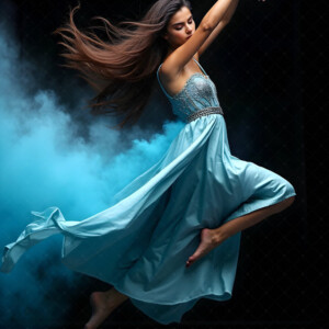 AI-generated abstract art of beautiful women caught mid-motion — dance, leap, spin — flowing fabric and dynamic color streaks frozen in cinematic light.