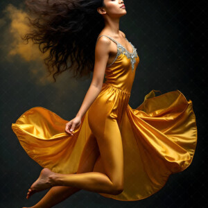 AI-generated abstract art of beautiful women caught mid-motion — dance, leap, spin — flowing fabric and dynamic color streaks frozen in cinematic light.