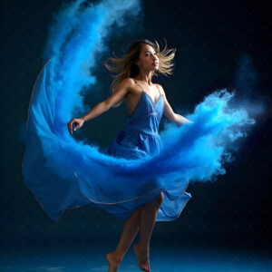 AI-generated abstract art of beautiful women caught mid-motion — dance, leap, spin — flowing fabric and dynamic color streaks frozen in cinematic light.