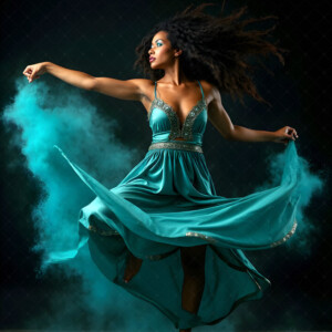 AI-generated abstract art of beautiful women caught mid-motion — dance, leap, spin — flowing fabric and dynamic color streaks frozen in cinematic light.