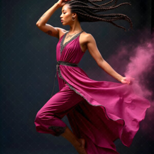 AI-generated abstract art of beautiful women caught mid-motion — dance, leap, spin — flowing fabric and dynamic color streaks frozen in cinematic light.