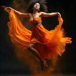 AI-generated abstract art of beautiful women caught mid-motion — dance, leap, spin — flowing fabric and dynamic color streaks frozen in cinematic light.