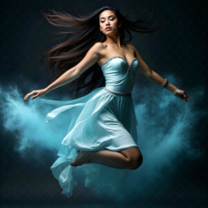 AI-generated abstract art of beautiful women caught mid-motion — dance, leap, spin — flowing fabric and dynamic color streaks frozen in cinematic light.