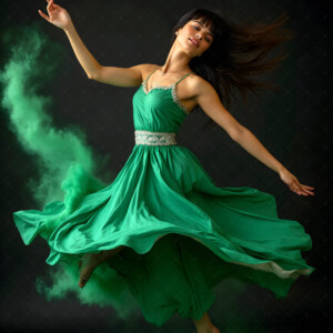AI-generated abstract art of beautiful women caught mid-motion — dance, leap, spin — flowing fabric and dynamic color streaks frozen in cinematic light.