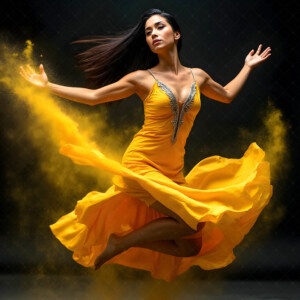 AI-generated abstract art of beautiful women caught mid-motion — dance, leap, spin — flowing fabric and dynamic color streaks frozen in cinematic light.