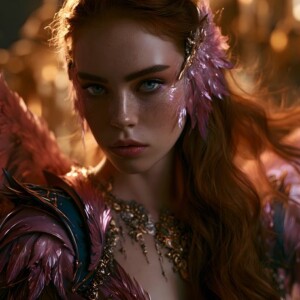 AI-generated fantasy art of beautiful divine female warrior angels descending from heaven — golden halos, enormous shimmering wings. By Jeff Dupler.
