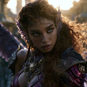 AI-generated fantasy art of beautiful divine female warrior angels descending from heaven — golden halos, enormous shimmering wings. By Jeff Dupler.