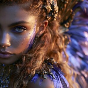 AI-generated fantasy art of beautiful divine female warrior angels descending from heaven — golden halos, enormous shimmering wings. By Jeff Dupler.