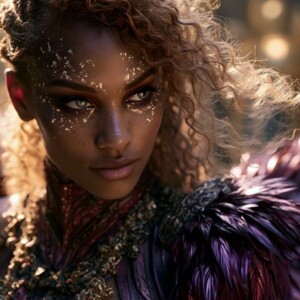 AI-generated fantasy art of beautiful divine female warrior angels descending from heaven — golden halos, enormous shimmering wings. By Jeff Dupler.