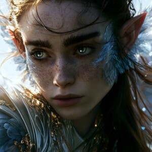 AI-generated fantasy art of beautiful divine female warrior angels descending from heaven — golden halos, enormous shimmering wings. By Jeff Dupler.