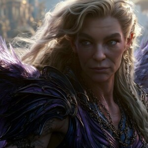 AI-generated fantasy art of beautiful divine female warrior angels descending from heaven — golden halos, enormous shimmering wings. By Jeff Dupler.