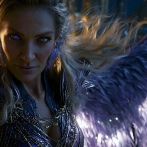 AI-generated fantasy art of beautiful divine female warrior angels descending from heaven — golden halos, enormous shimmering wings. By Jeff Dupler.